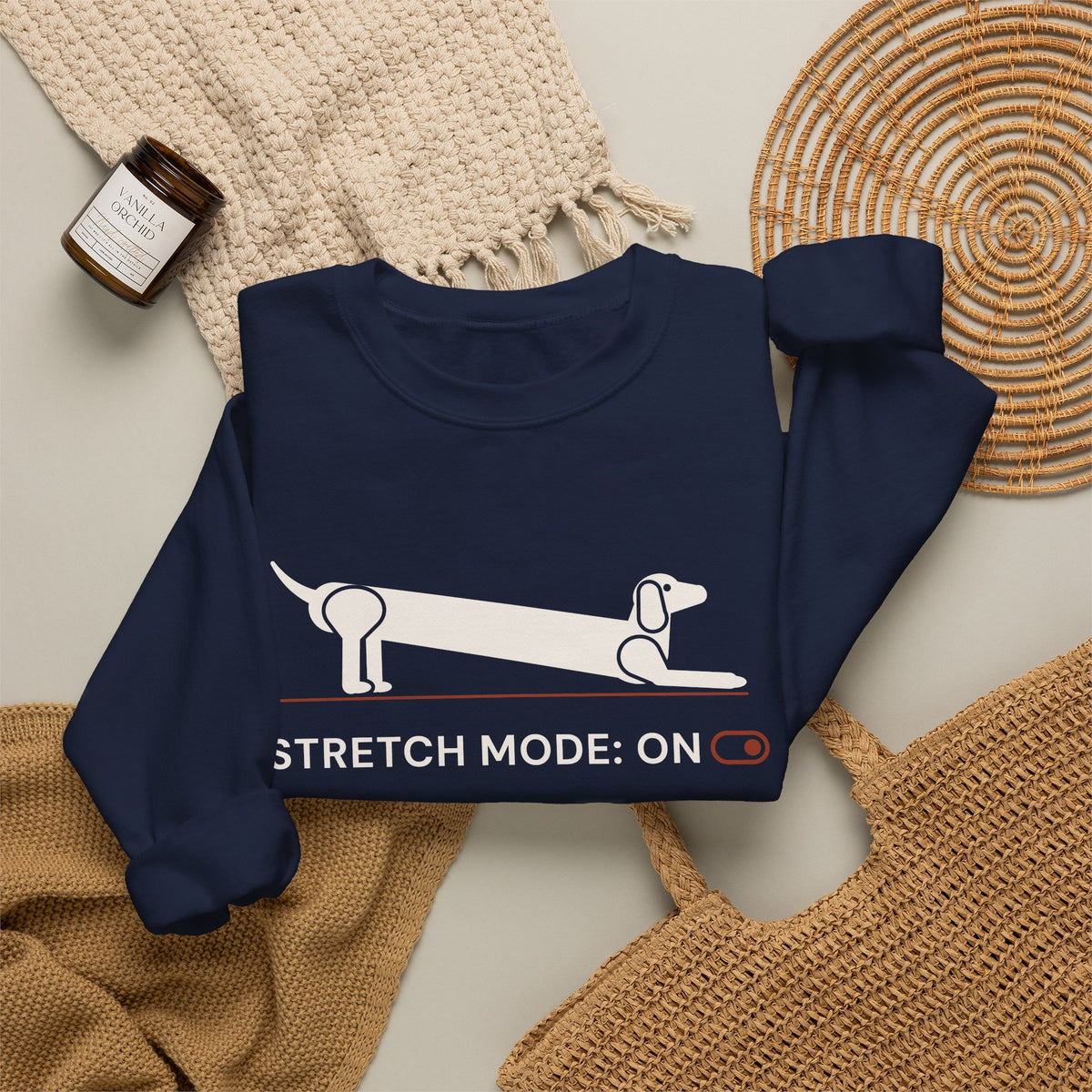 Stretch Mode On funny dachshund crewneck sweatshirt in Navy, flat lay