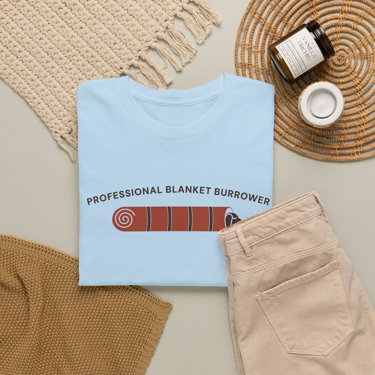 Professional Blanket Burrower funny dachshund t-shirt in Light Blue, flat lay