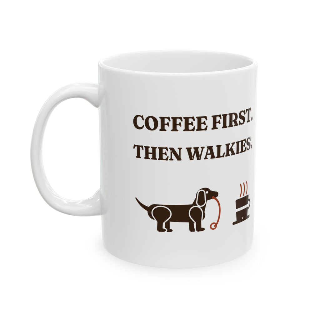 Coffee First, Then Walkies funny dachshund coffee mug, left side with handle