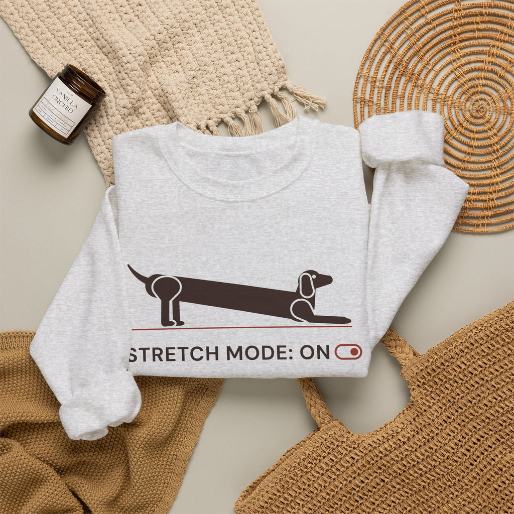 Stretch Mode On funny dachshund crewneck sweatshirt in Ash, flat lay