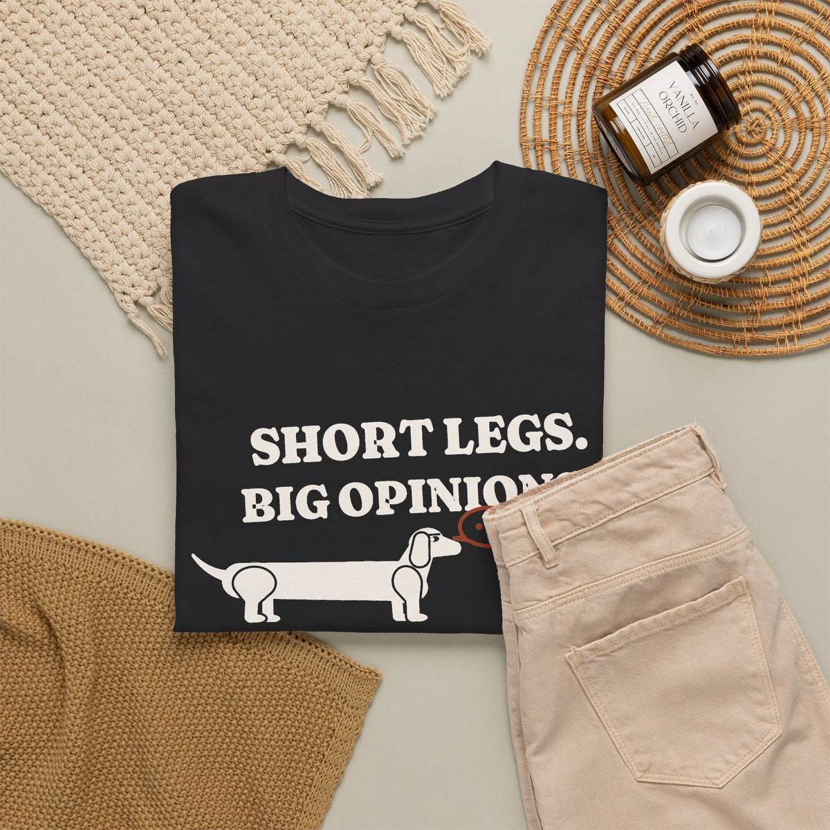 Short Legs, Big Opinions funny dachshund t-shirt in Black, flat lay