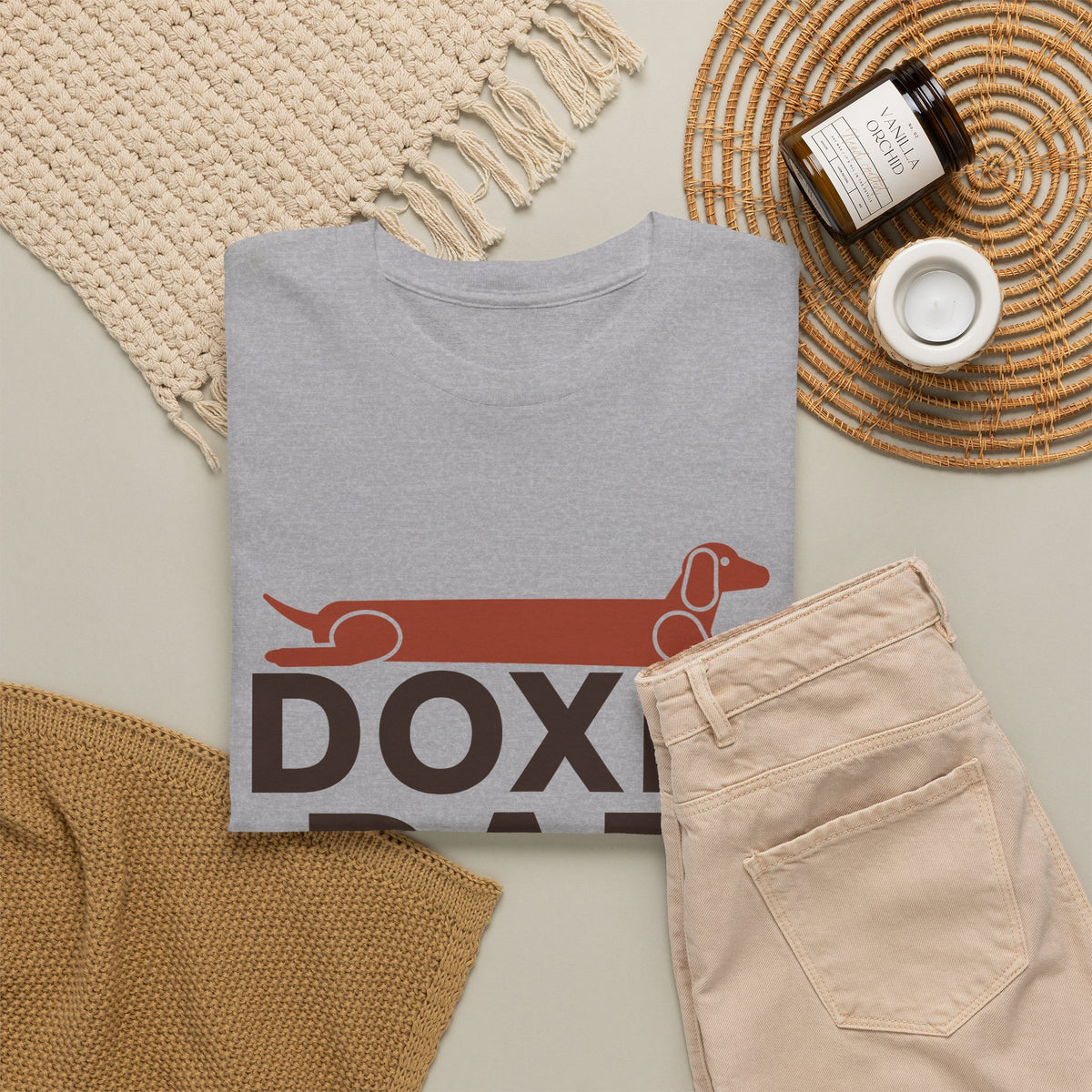 Doxie Dad dachshund dad t-shirt in Sport Grey, flat lay