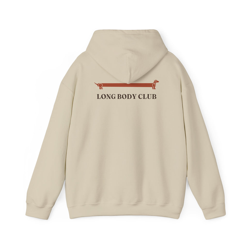 Long Body Club extra-long dachshund hoodie in Sand, back view