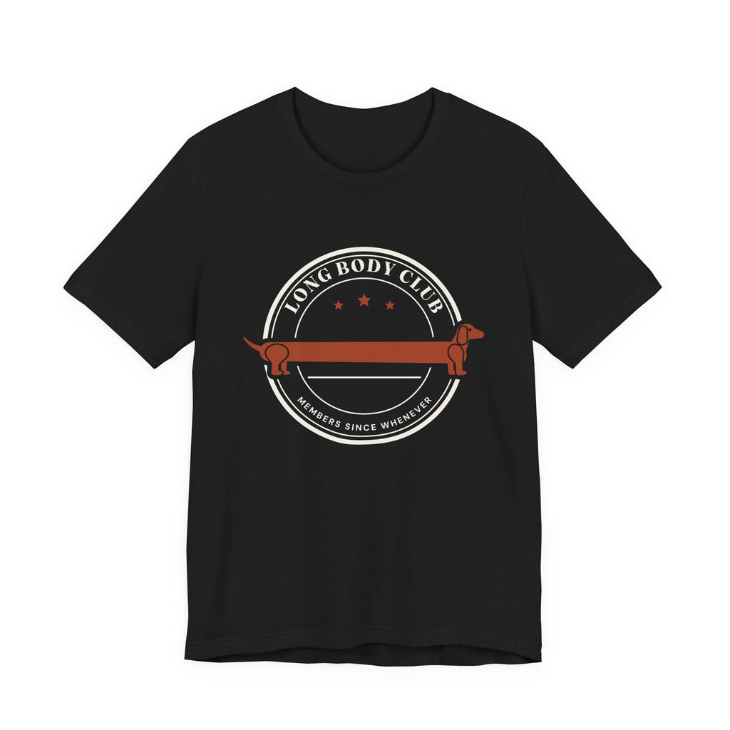 Long Body Club retro badge dachshund t-shirt in Black, front view