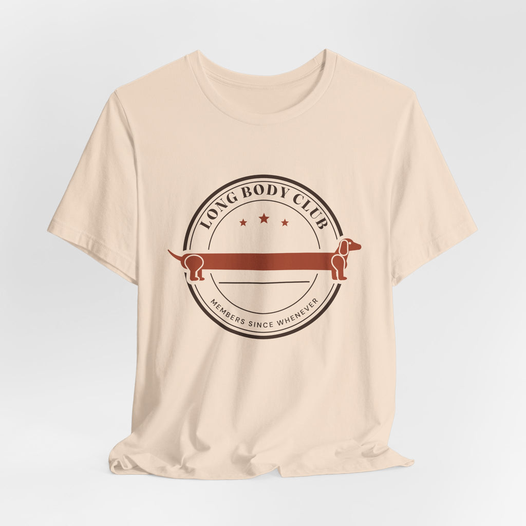 Long Body Club retro badge dachshund t-shirt in Soft Cream, flat lay