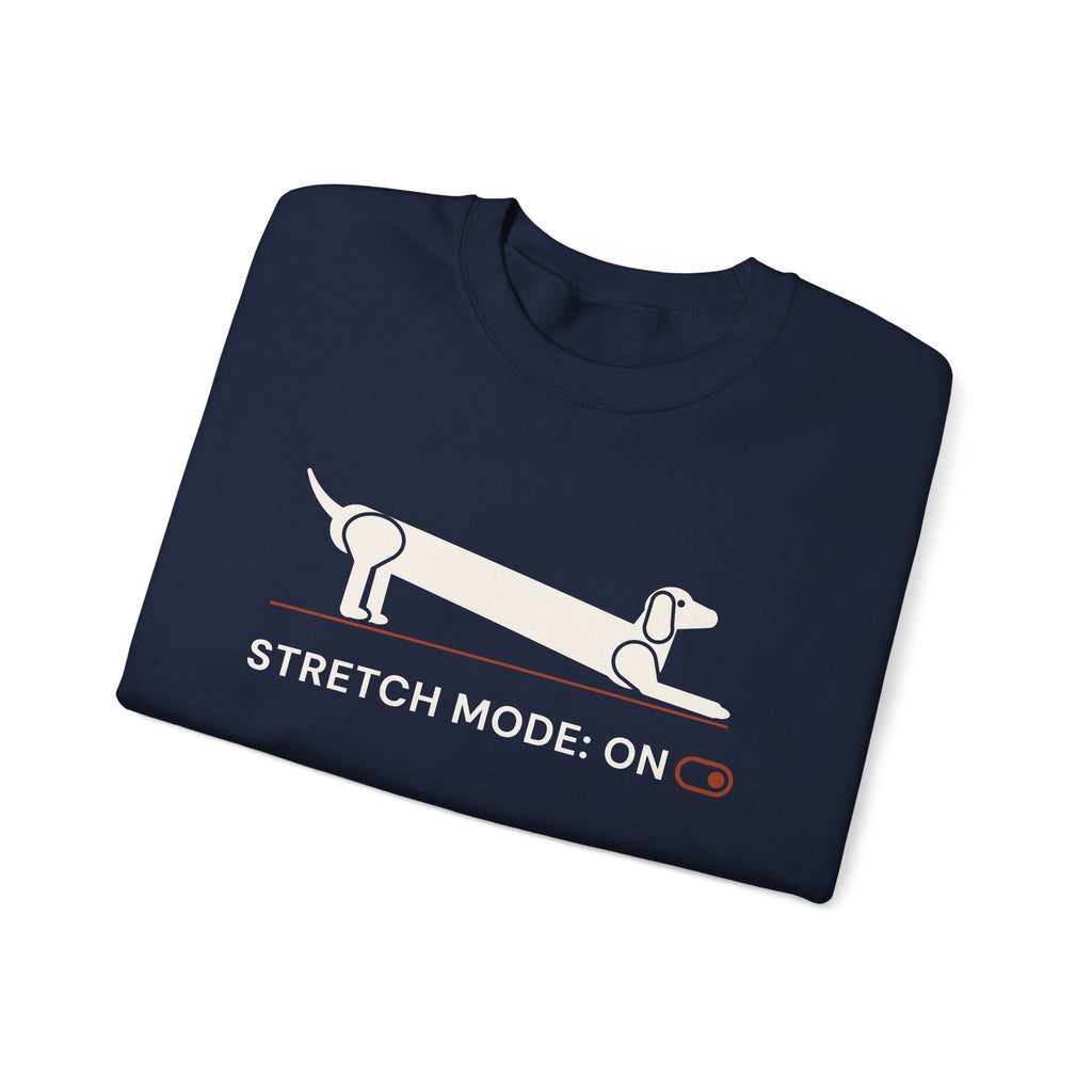 Stretch Mode On funny dachshund crewneck sweatshirt in Navy, folded