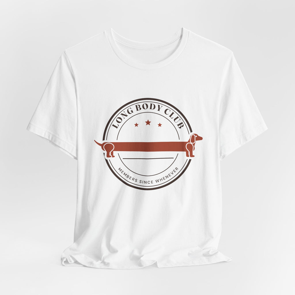 Long Body Club retro badge dachshund t-shirt in White, flat lay