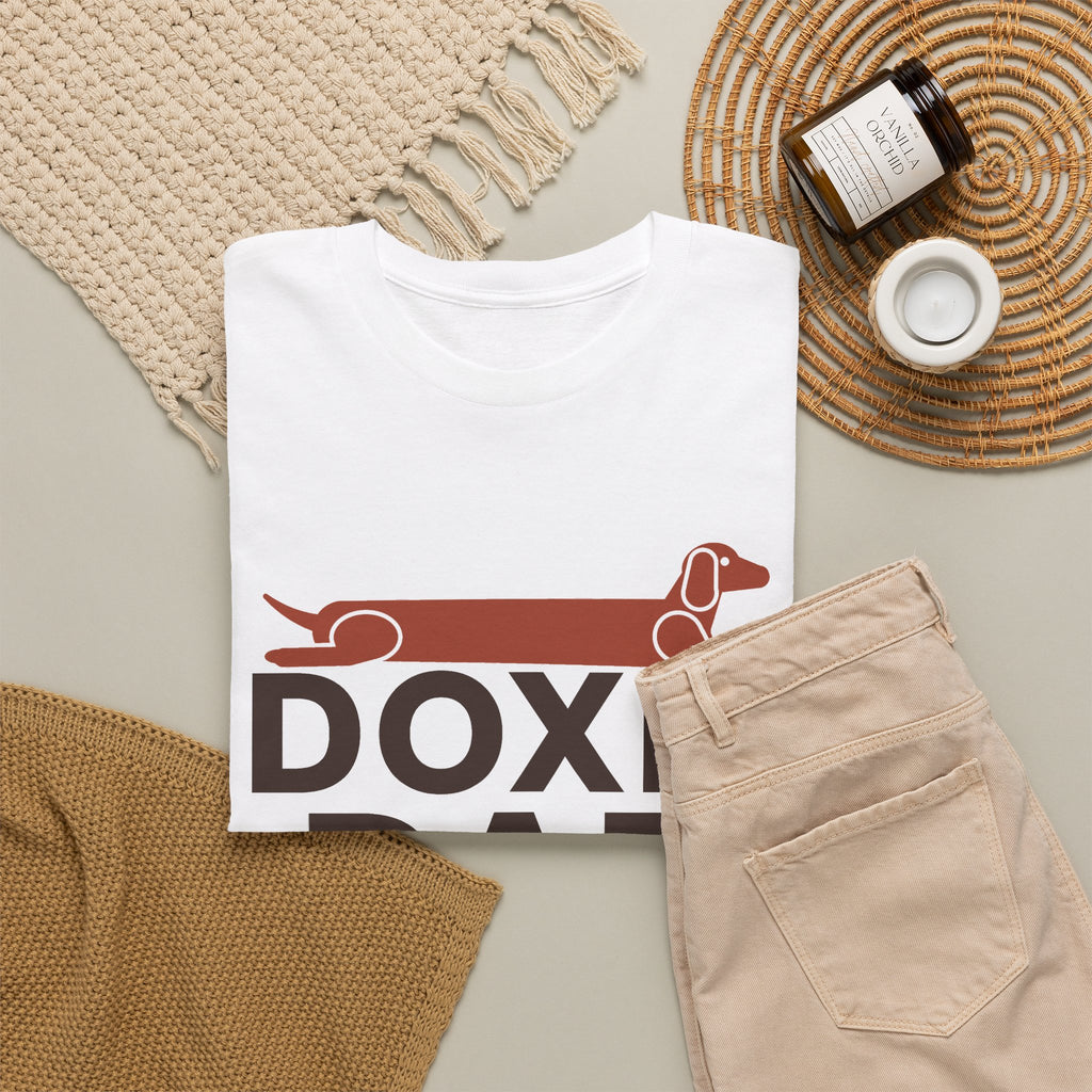 Doxie Dad dachshund dad t-shirt in White, flat lay