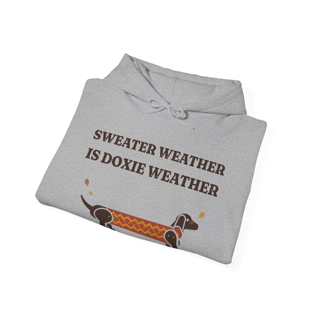 Sweater Weather Is Doxie Weather dachshund hoodie in Sport Grey, flat lay