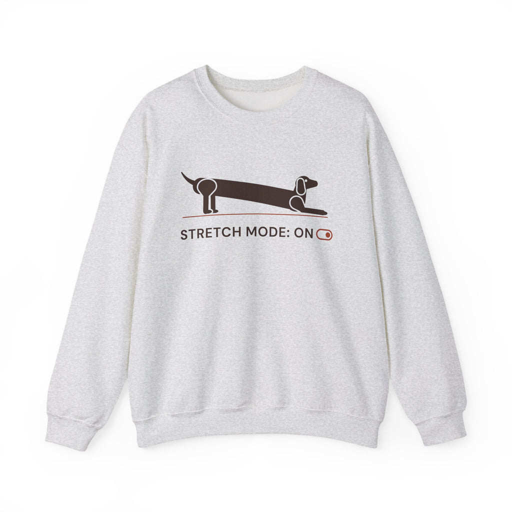 Stretch Mode On funny dachshund crewneck sweatshirt in Ash, front view