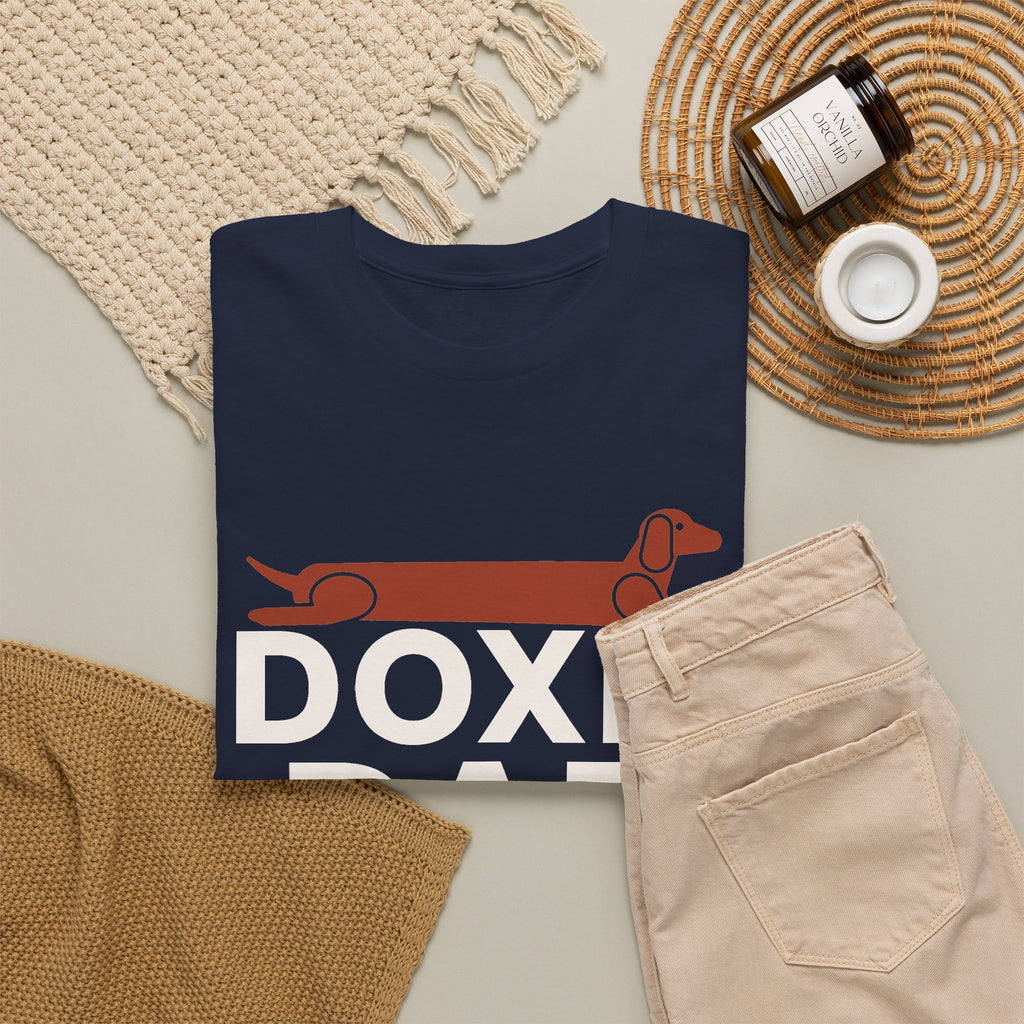 Doxie Dad dachshund dad t-shirt in Navy, flat lay