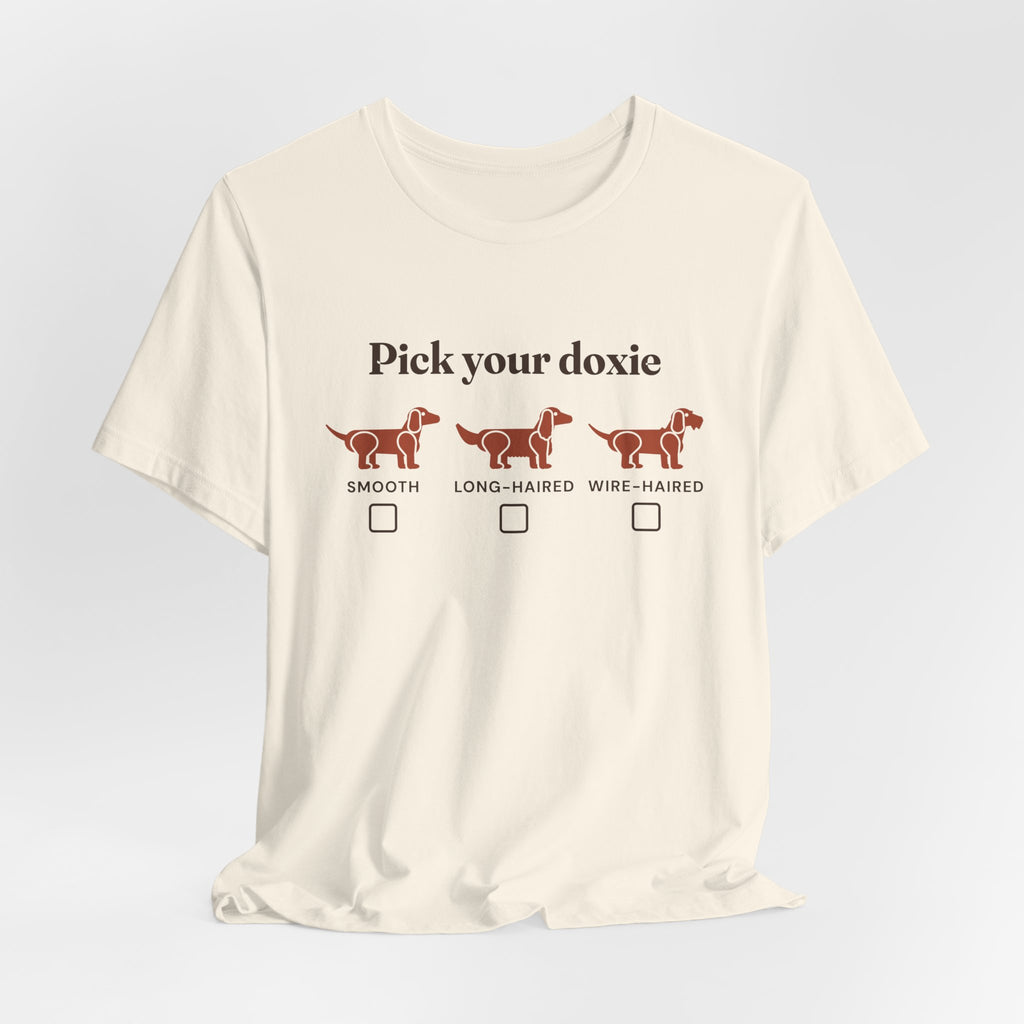 Pick Your Doxie dachshund coat types t-shirt in Natural, flat lay