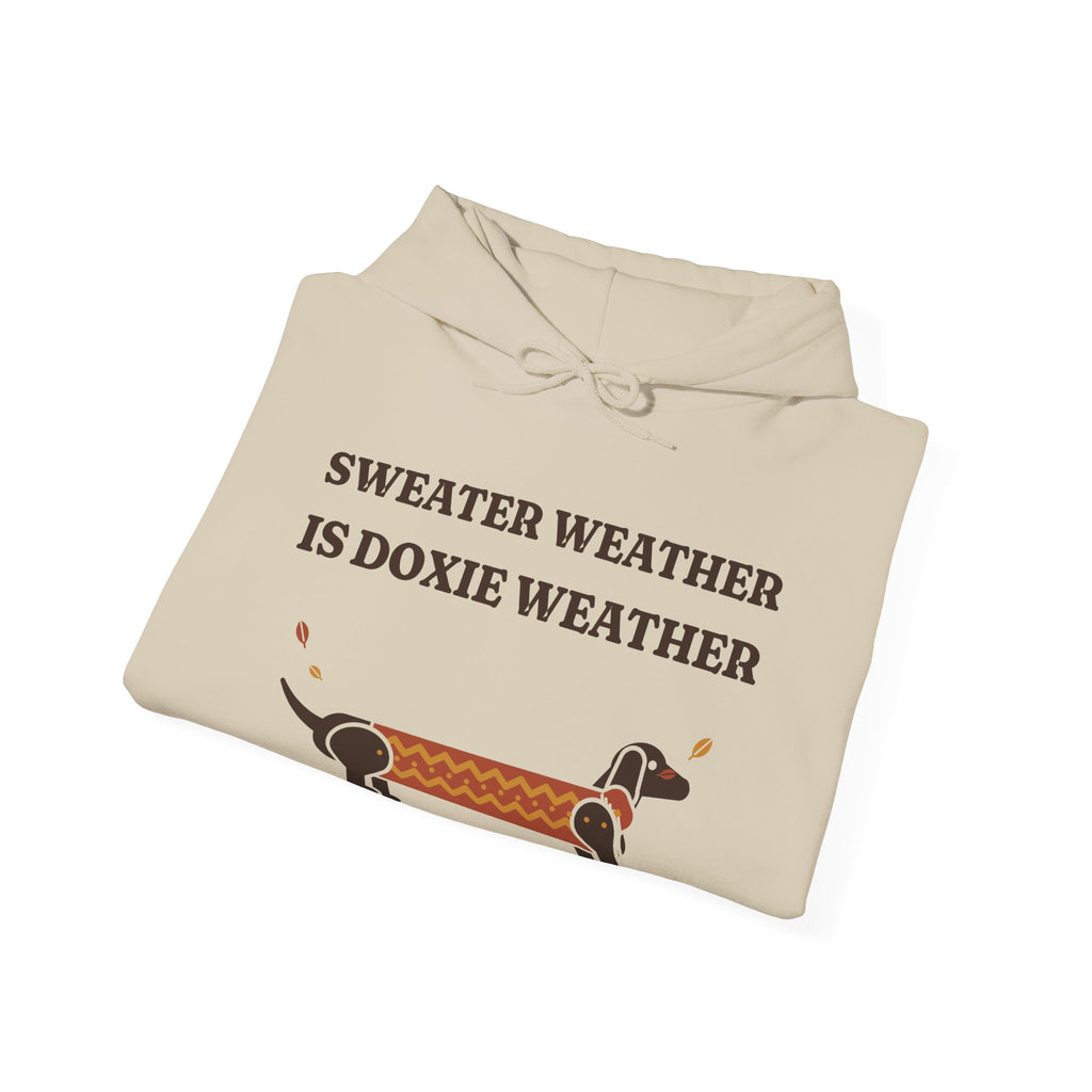 Sweater Weather Is Doxie Weather dachshund hoodie in Sand, flat lay