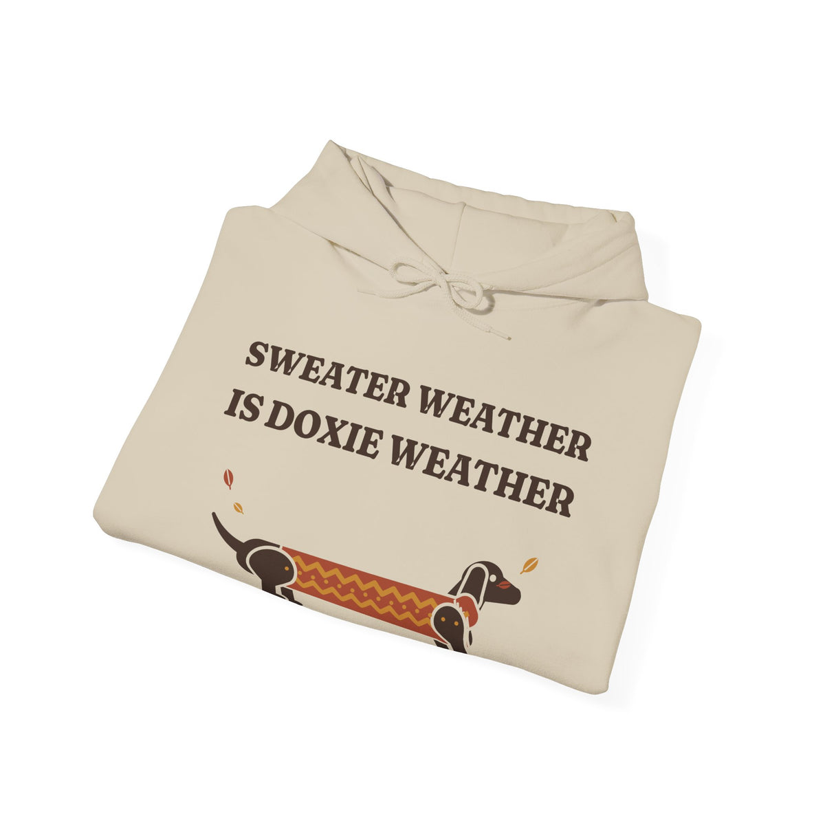 Sweater Weather Is Doxie Weather dachshund hoodie in Sand, flat lay