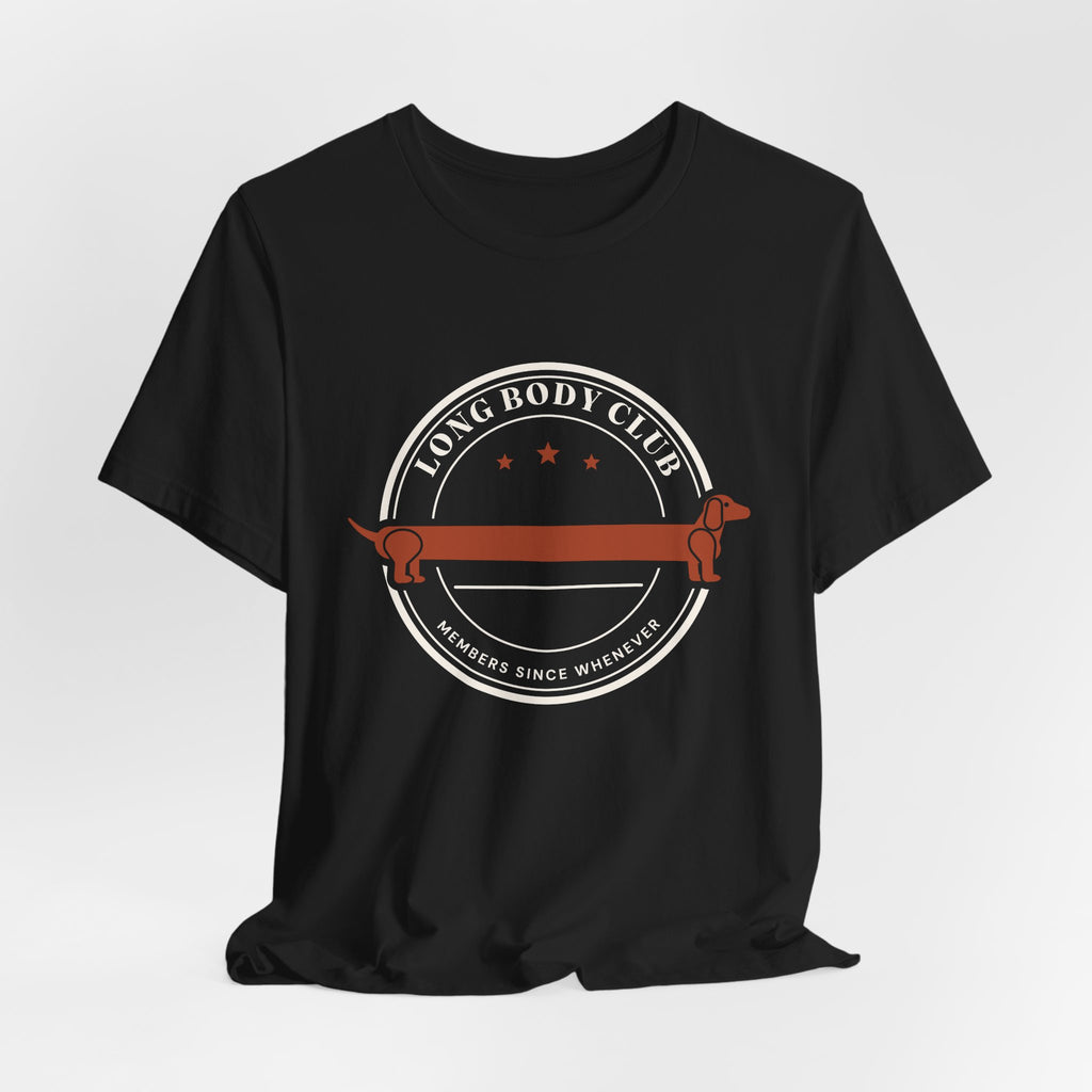 Long Body Club retro badge dachshund t-shirt in Black, flat lay